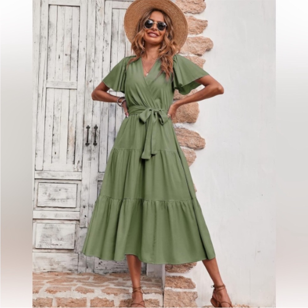PrettyGarden Olive Maxi Dress with Tie Waist - Picture 2 of 11